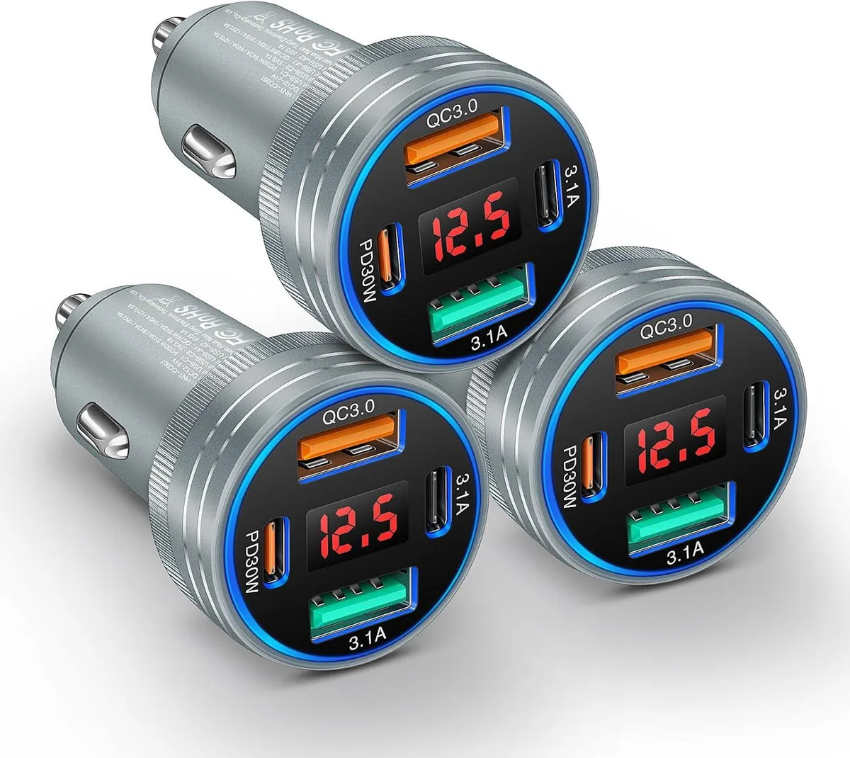 Hamzan Hamzan 3-Pack 65W 4-Port Car Charger USB-C USB-A Voltage Meter Grey — product photo