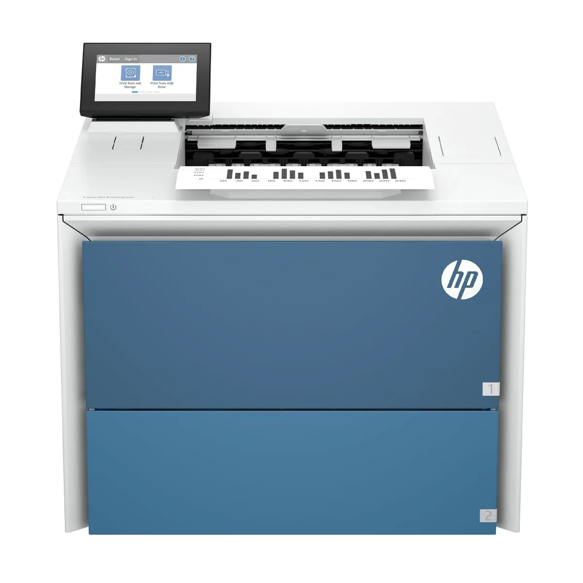 White rectangular office laser printer with front paper tray and control panel
