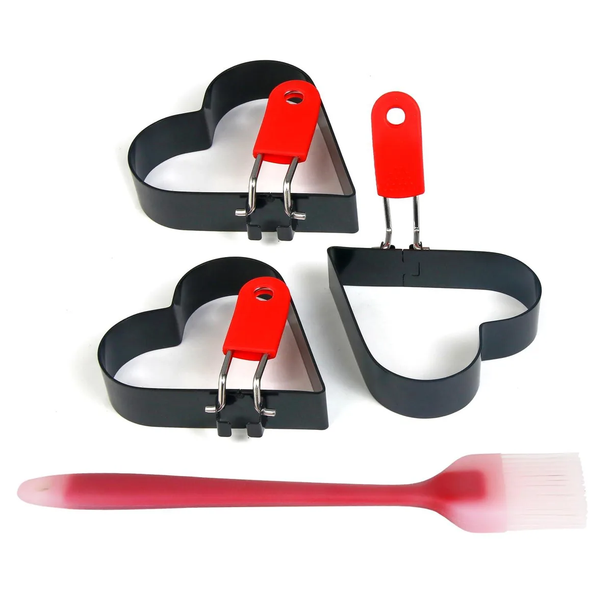 Three stainless steel heart-shaped rings with foldable orange silicone handles