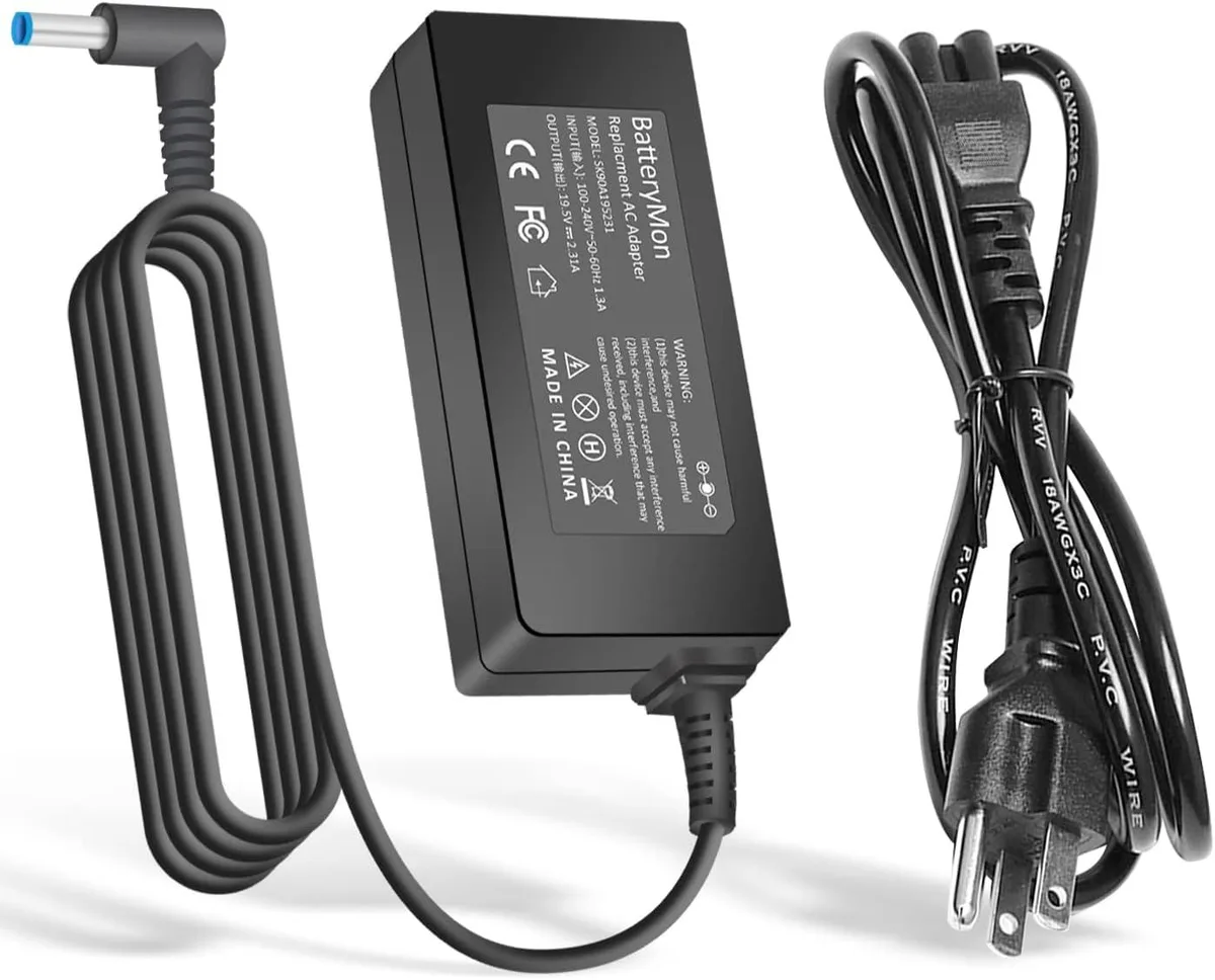 Black rectangular AC adapter with blue-tip barrel connector and power cord