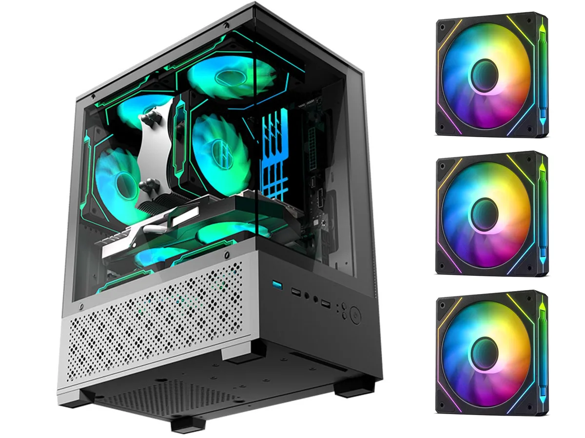GPERHUAN GPERHUAN Micro ATX PC Case Black 3×120mm ARGB Fans Panoramic Glass — product photo