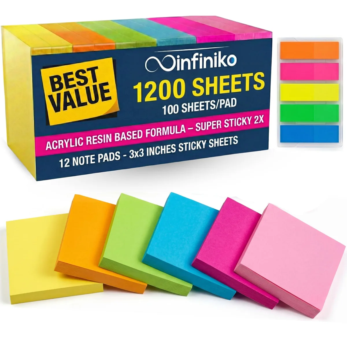 Twelve square neon pads in a compact stack, 3 by 3 inches, bright pink green yellow orange blue purple paper