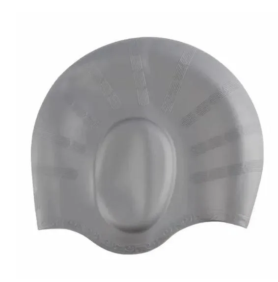 Grey silicone swim cap with ear pockets and textured inner surface