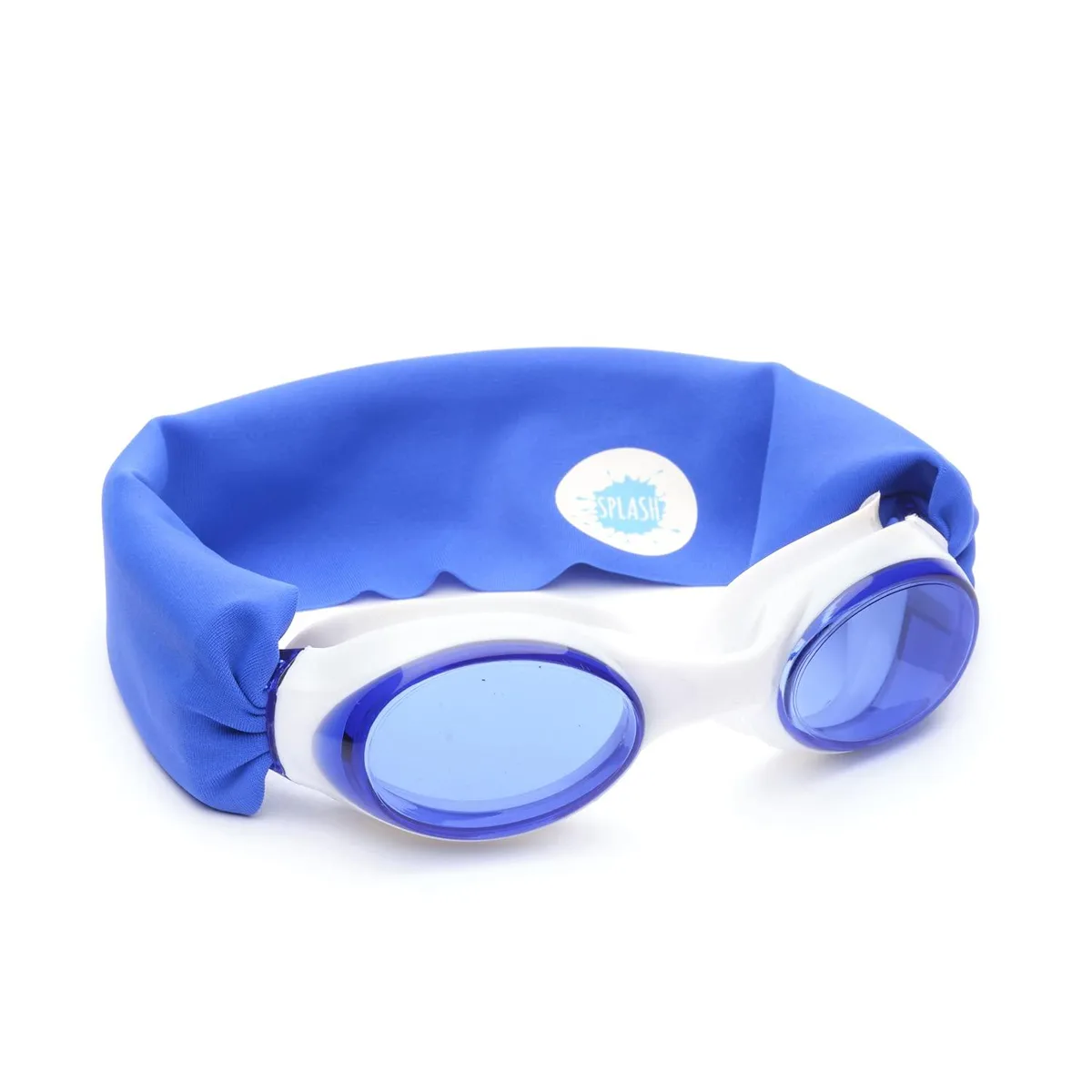 Blue swimming goggles with fabric strap and flexible frame