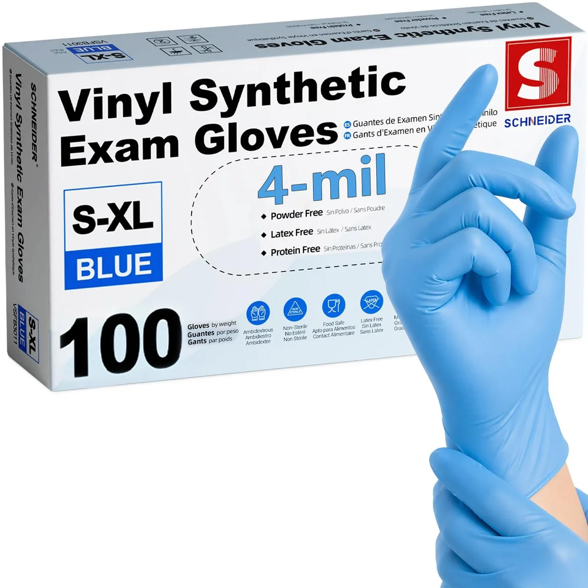 Blue disposable vinyl gloves in a 100-count box