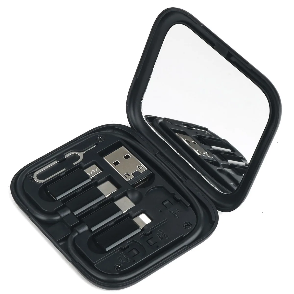 Compact blue USB-C charging kit in credit-card-sized case with cable and adapters