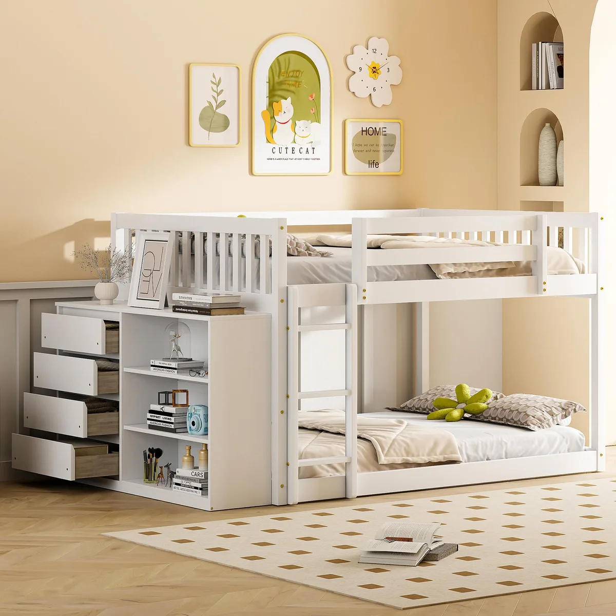 White solid wood bunk bed with ladder, four drawers and three shelves
