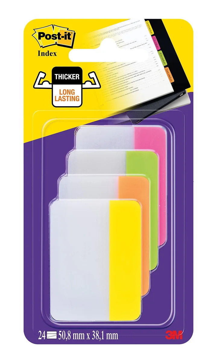 Pack of Post-it 686-PLOY filing tabs in pink green orange and yellow, square shape, 51 x 38 mm