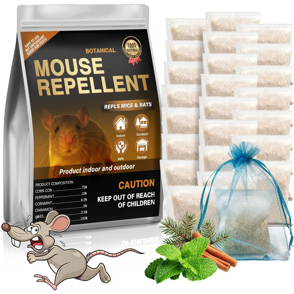 Twenty-four small breathable pouches in a rectangular box, each filled with granular peppermint repellent