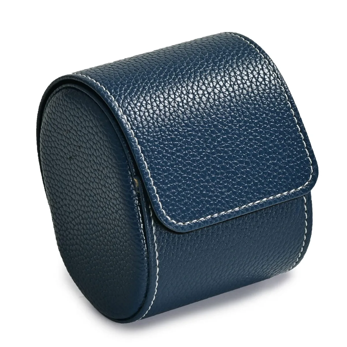 Blue leather single watch case with velvet interior, 7.49 x 7.01 x 10 cm