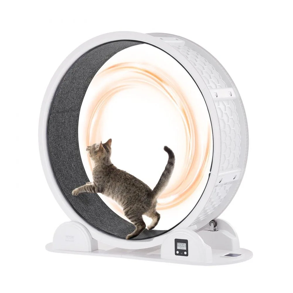 White cat exercise wheel, 40.8 in diameter, ABS frame, carpeted runway, solar panel, brake, pedometer