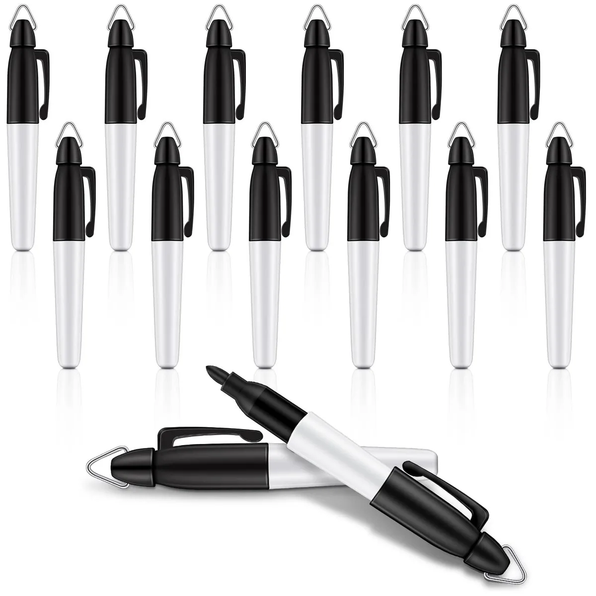 Twelve black mini permanent markers with silver clips, each 3.6 inches long and 0.4 inch clip
