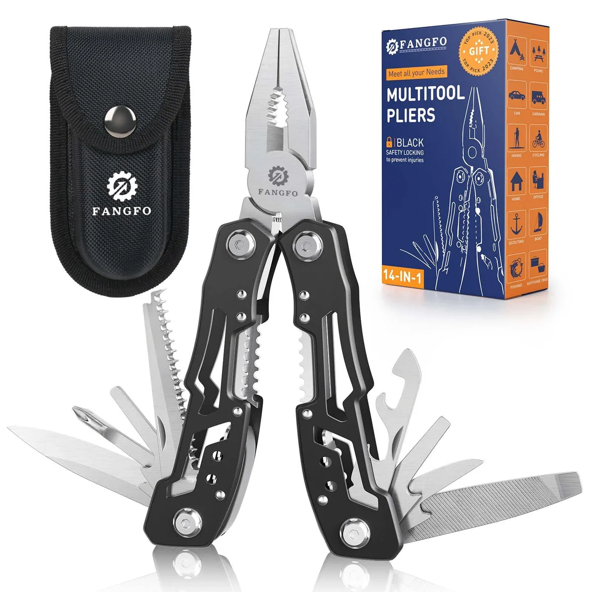 Two stainless steel multitools with blue handles and nylon sheaths