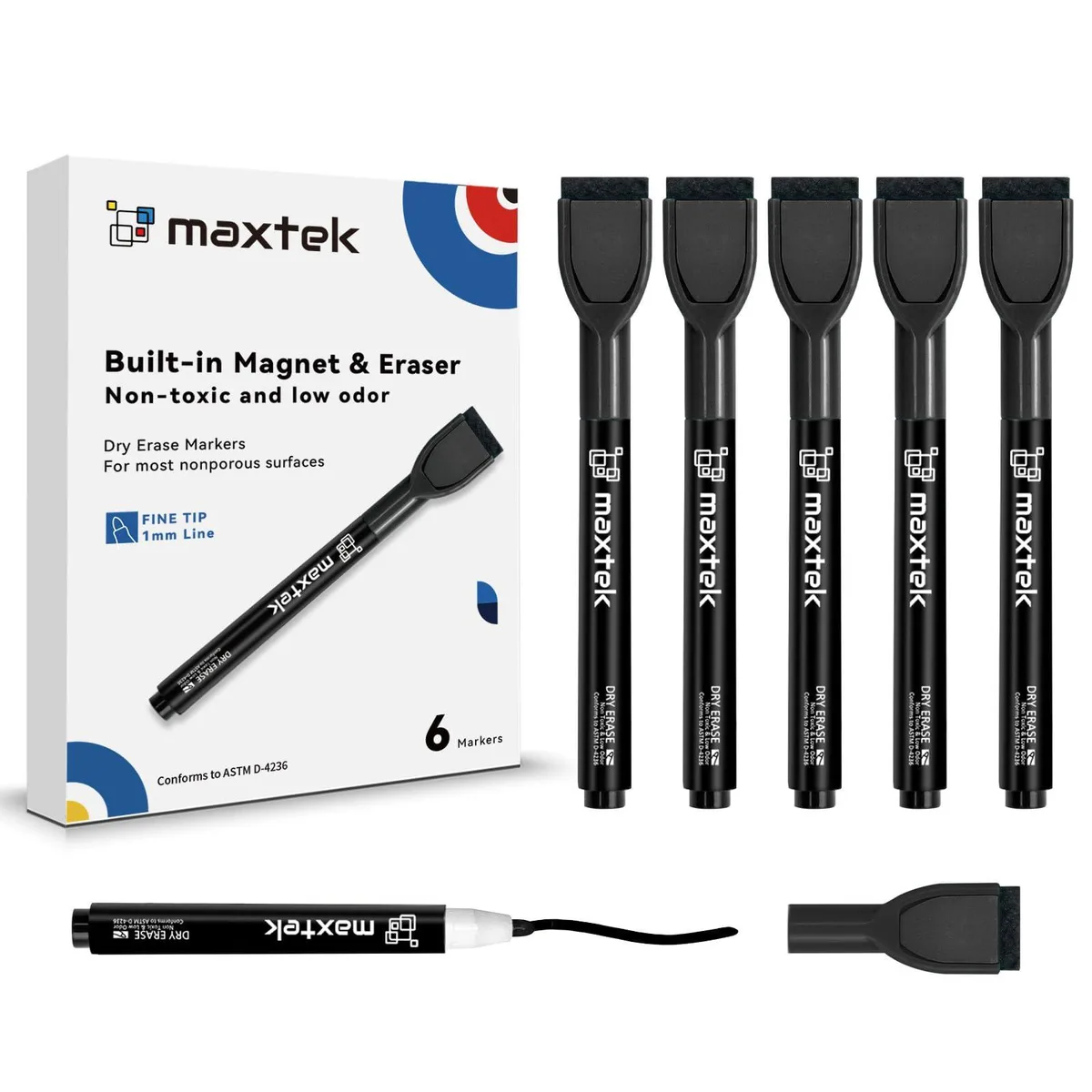 Six black fine-tip dry erase markers with magnetic caps and built-in erasers