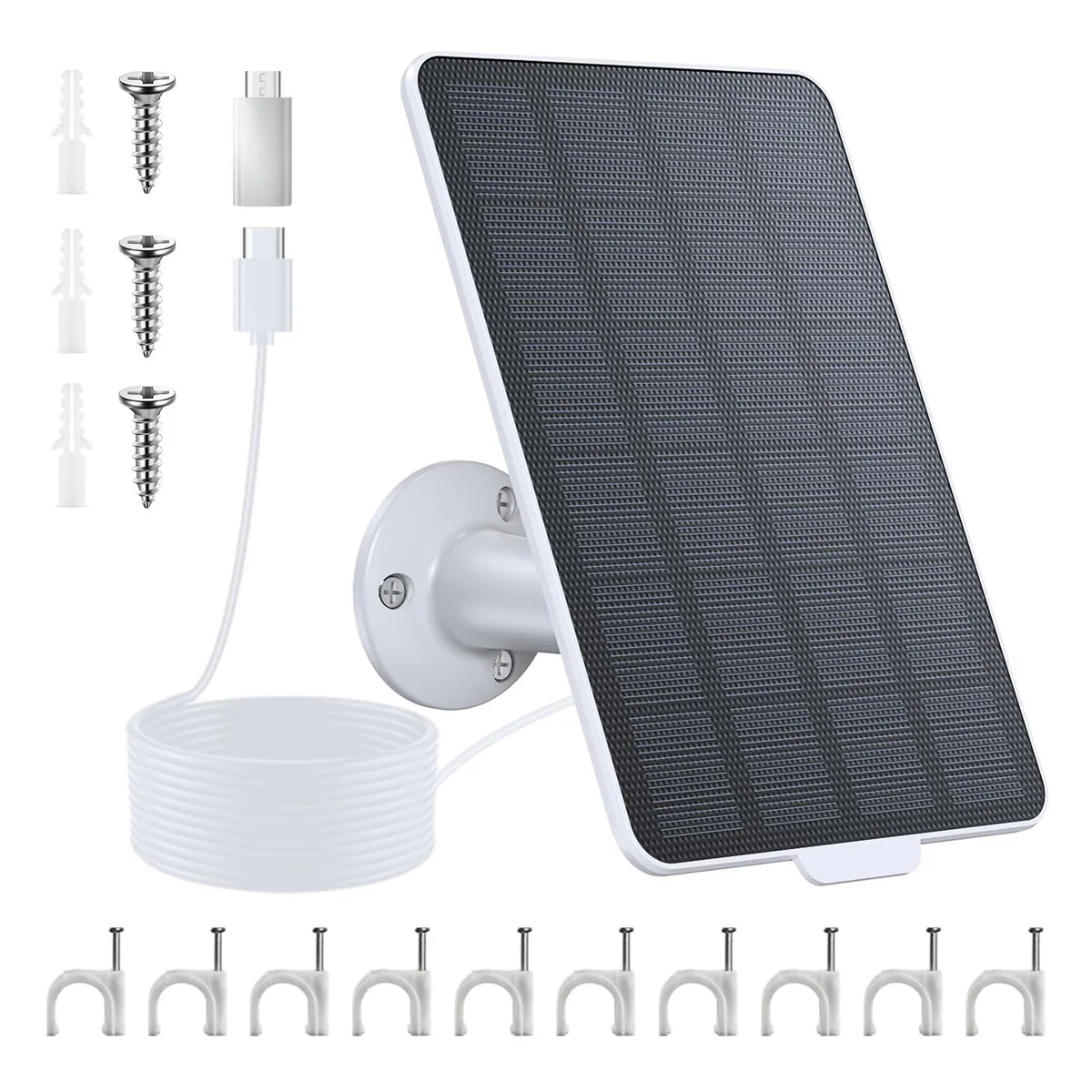 White rectangular solar panel 12.0 by 8.0 by 1.2 inches with 9.8ft cable and 360 adjustable mount