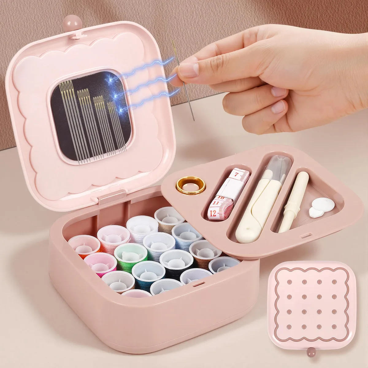 Pink two-layer ABS sewing kit box with magnetic needle holder