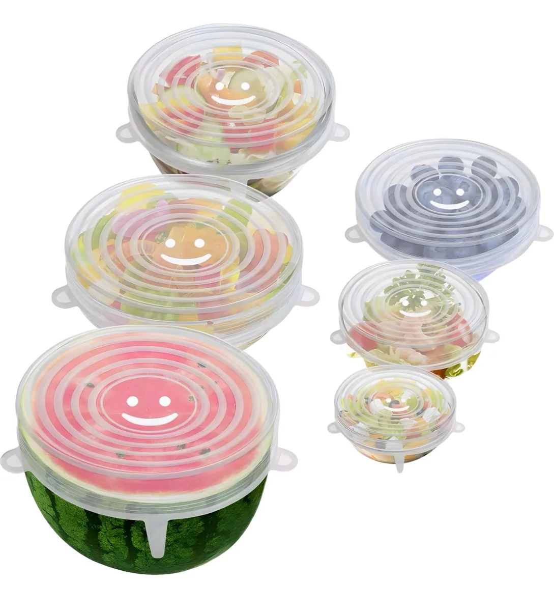 Six clear round silicone stretch lids in sizes 2.6 3.8 4.5 5.7 6.5 8.1 inches