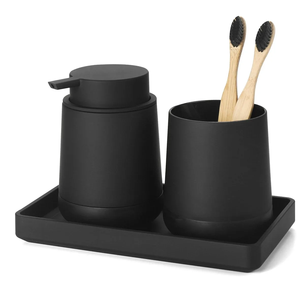 Three-piece black matte bathroom set with soap dispenser, toothbrush holder, tray