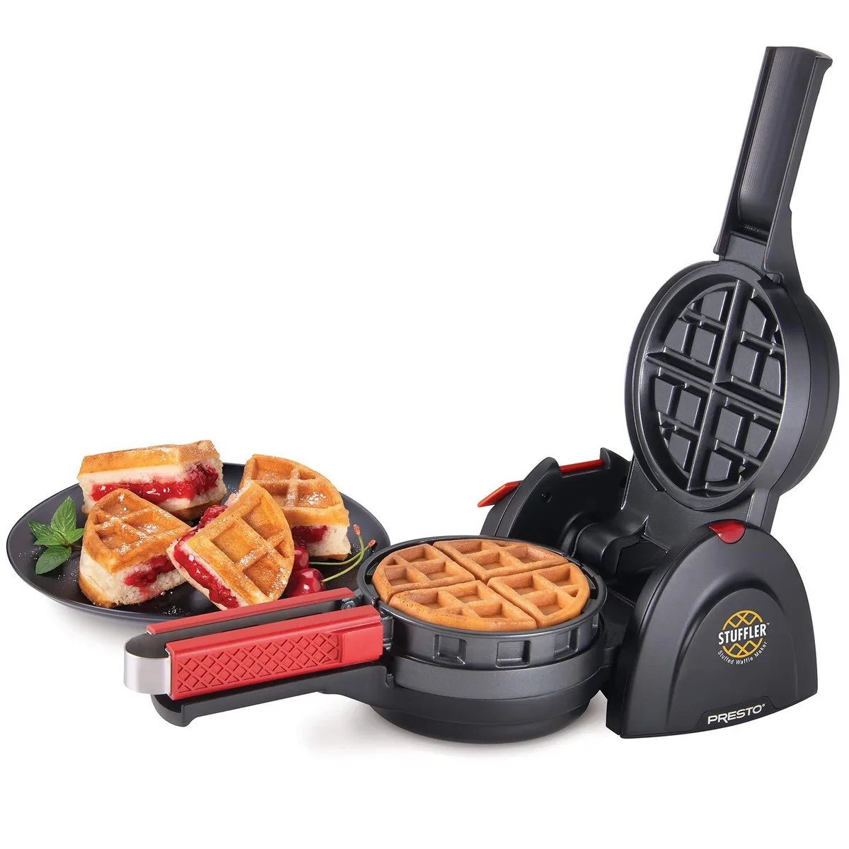 Black Belgian waffle maker with flip design and built-in tongs