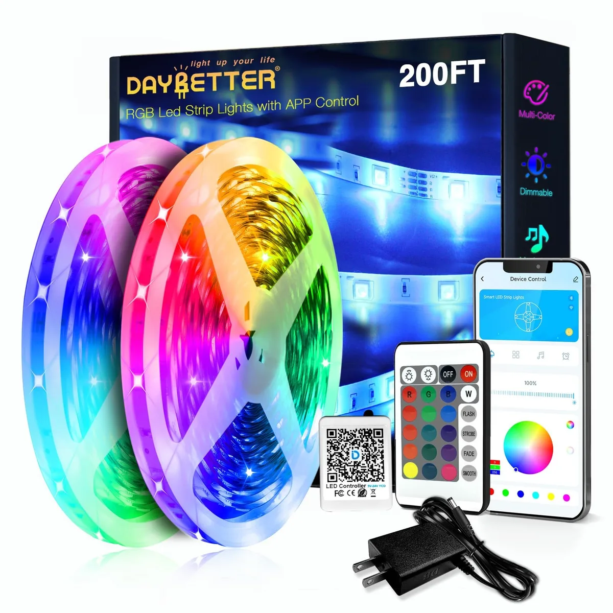 Two 100ft rolls of flexible LED strip on a reel, plastic housing, adhesive backing, with a small inline controller and 24V power brick
