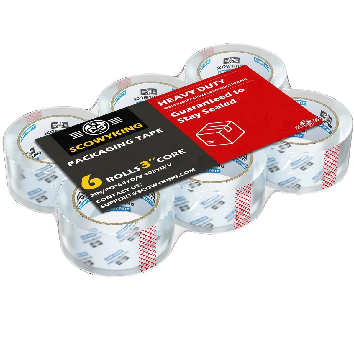 Six clear packing tape rolls on white cores