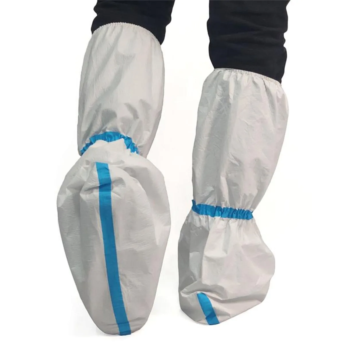 White knee-high disposable boot covers, six pairs, elasticated top and mid-calf, textured soles