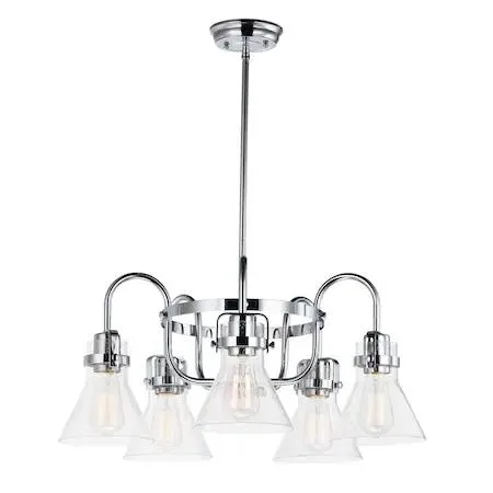 Polished chrome chandelier with five clear seedy glass cones suspended from a yoke frame