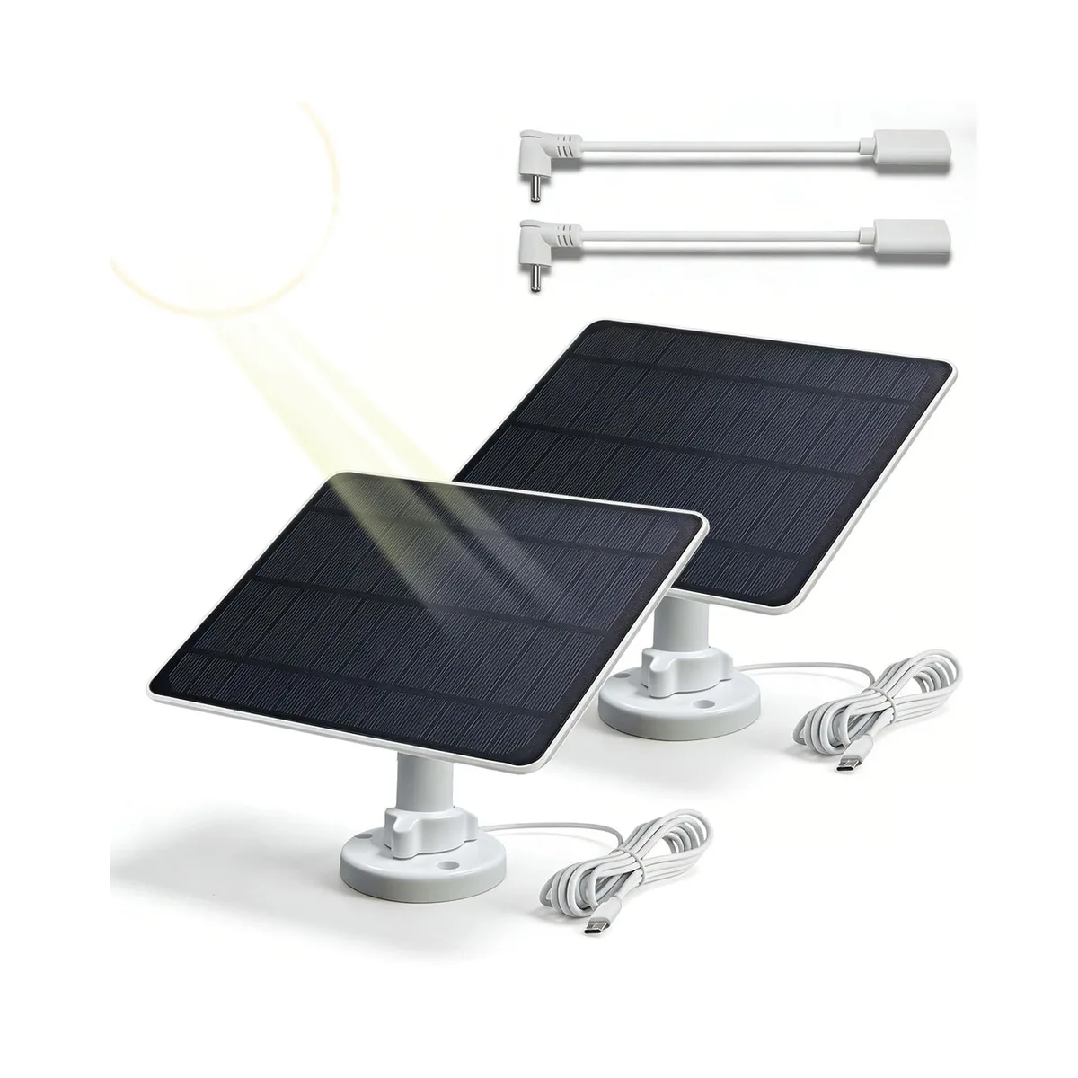 Two white flexible solar panels with adjustable brackets and long cables