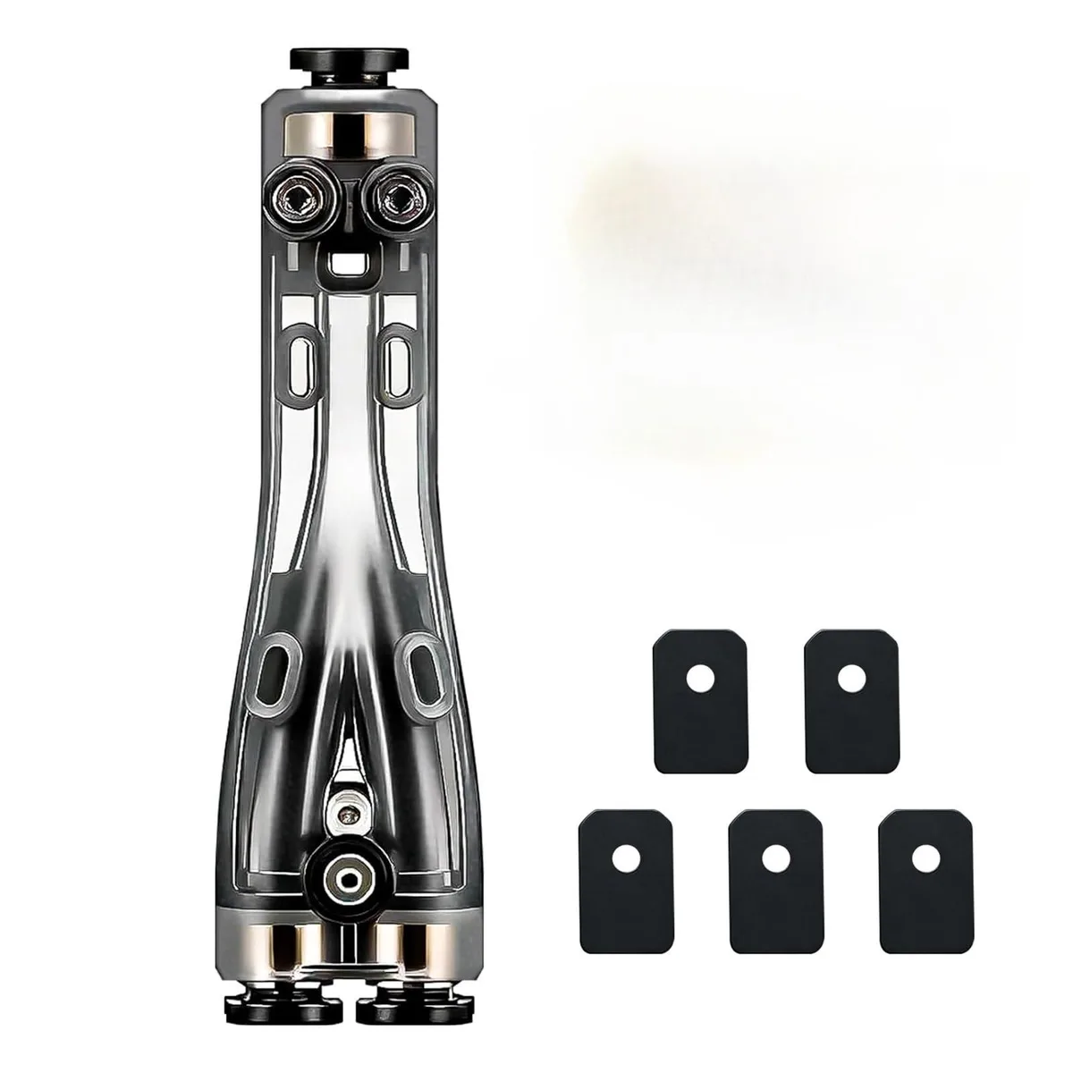 Small yellow plastic adapter block with four black push-fit couplers on one face and a single outlet on the opposite side
