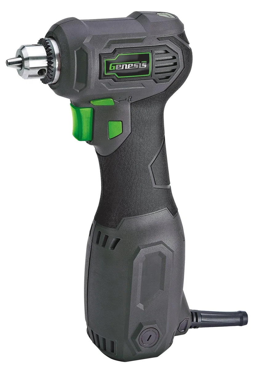 Compact yellow and black close-quarter drill with angled head and pistol grip