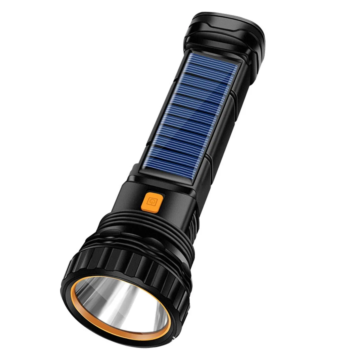 Rectangular black flashlight with solar panel and rubber switch