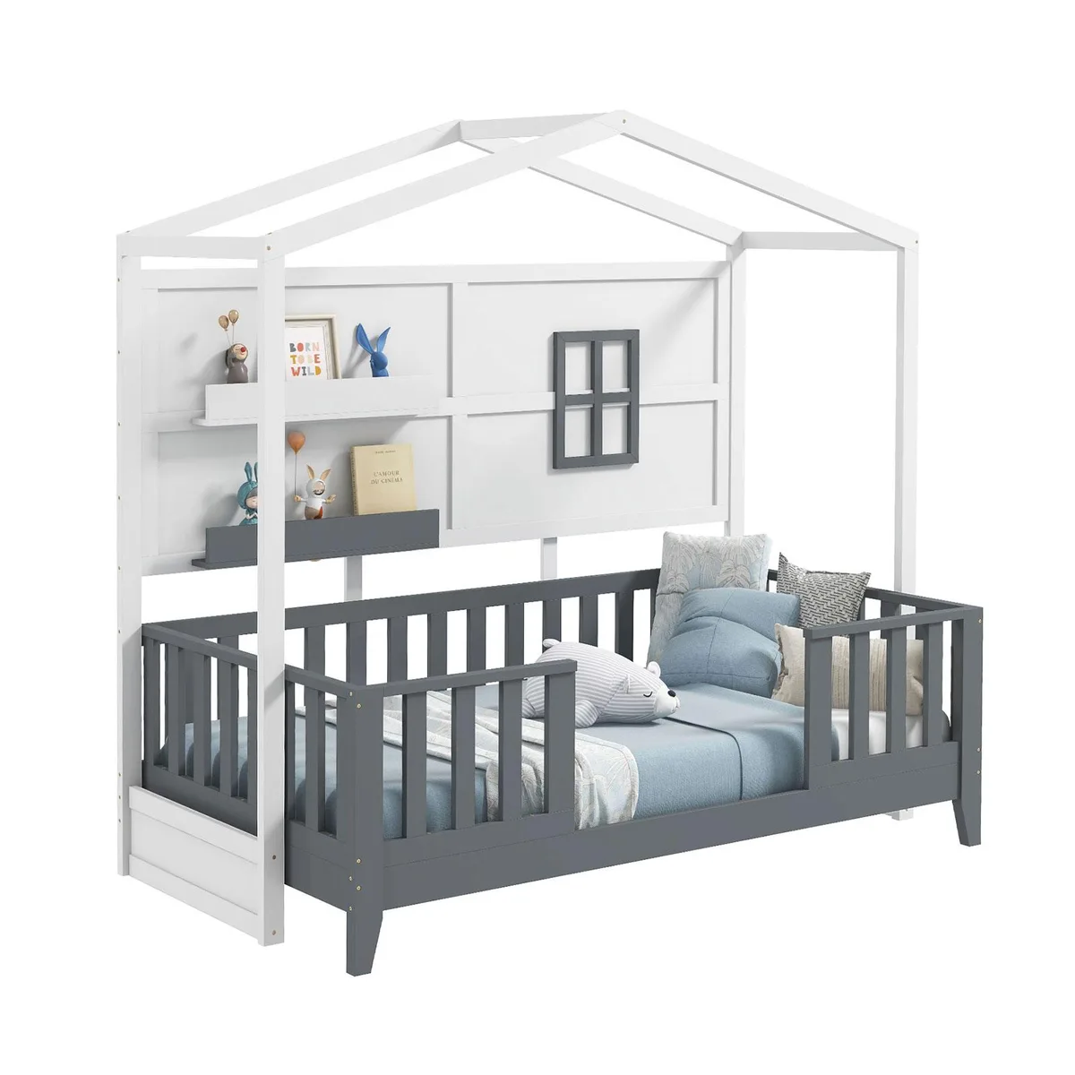 SlickBlue SlickBlue Twin House Bed White 82x41.5x77 2 Shelves Guardrails — product photo