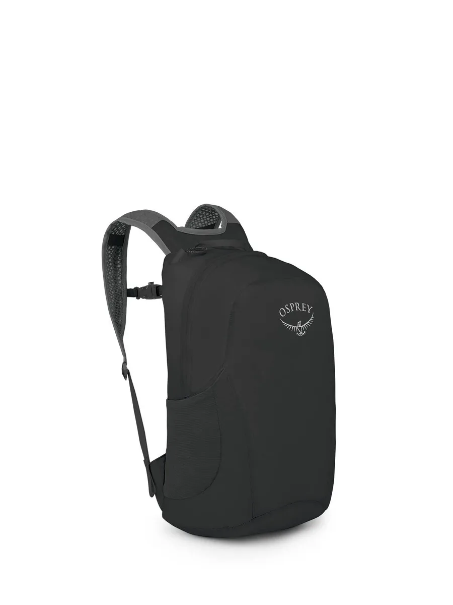 Black ultralight packable 18 L nylon daypack, collapses into small pouch