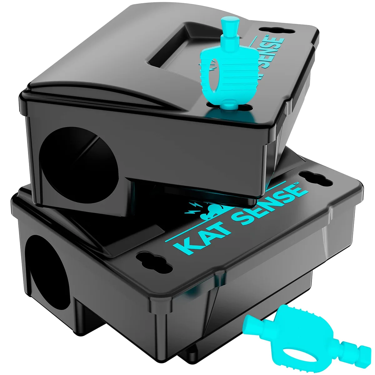 Two black rectangular plastic bait stations with keyed lids and mounting brackets