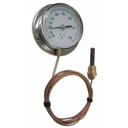 Value Brand Value Brand 12U635 Analog Panel Thermometer 0-160°F 3.5in .4in probe 2in 1/2in MNPT 60in cable 304 SS housing — product photo