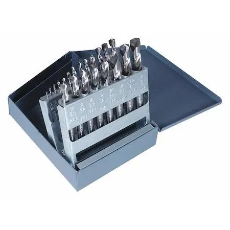 Transparent case holding 21 bright steel drill bits in fractional sizes