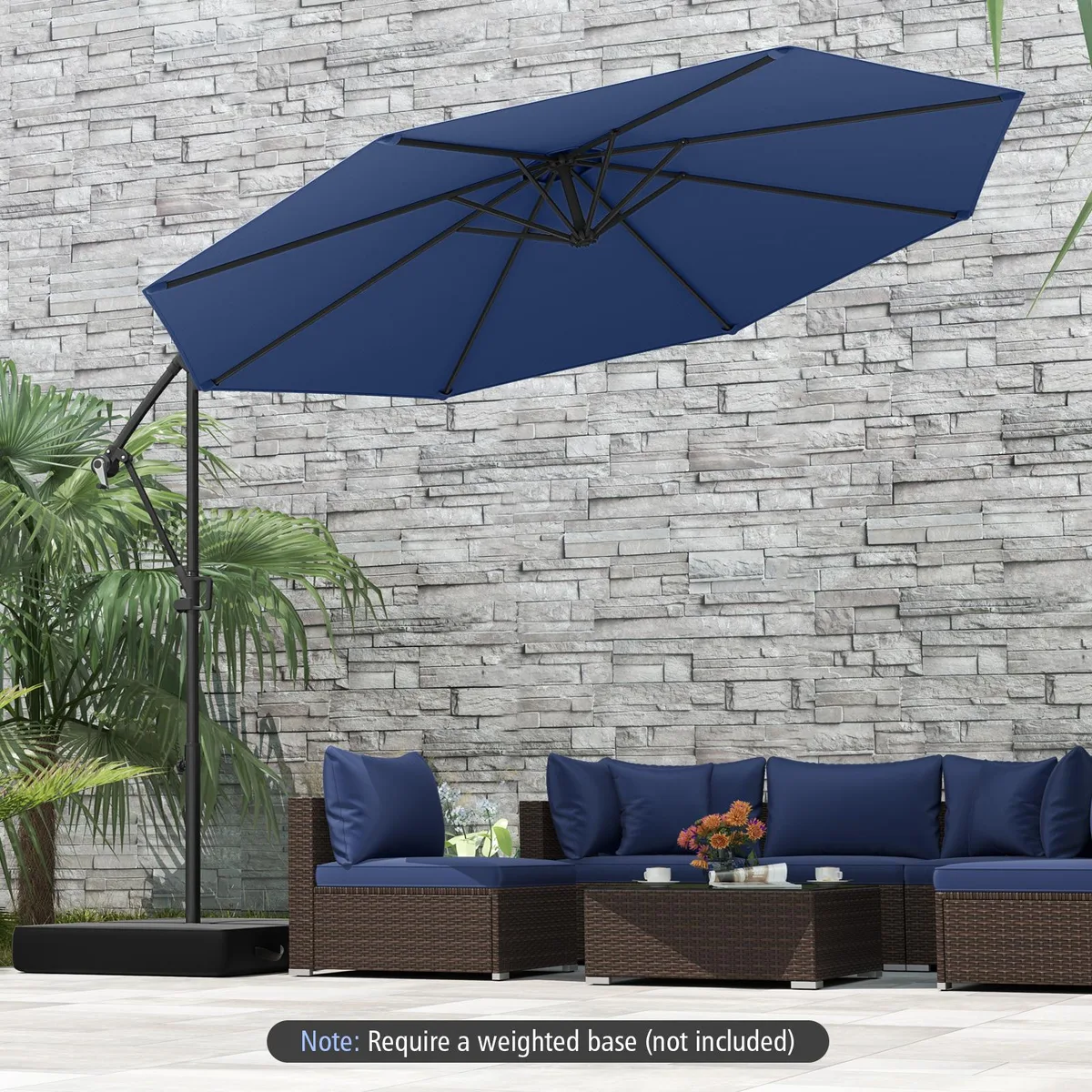 Navy offset hanging umbrella with metal frame and crank handle, 10 ft canopy, base included