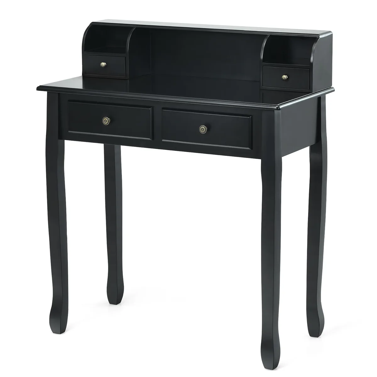 Black writing desk with detachable top cabinet, four drawers, MDF and Candlenut construction