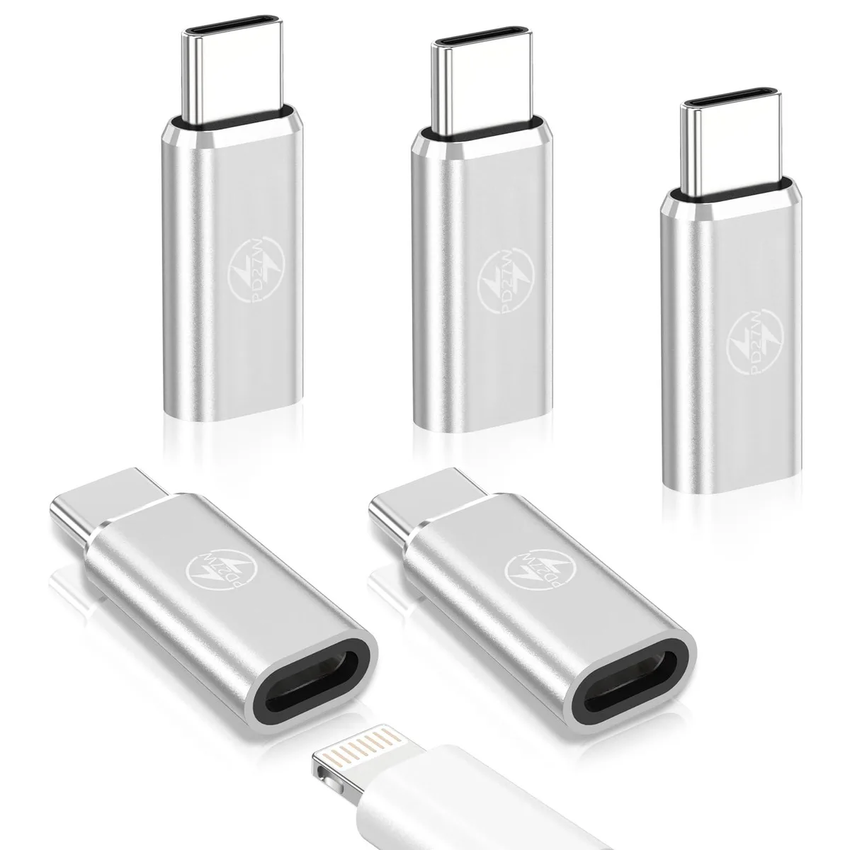 Five silver Lightning to USB-C adapters, compact aluminium alloy bodies, reversible connectors