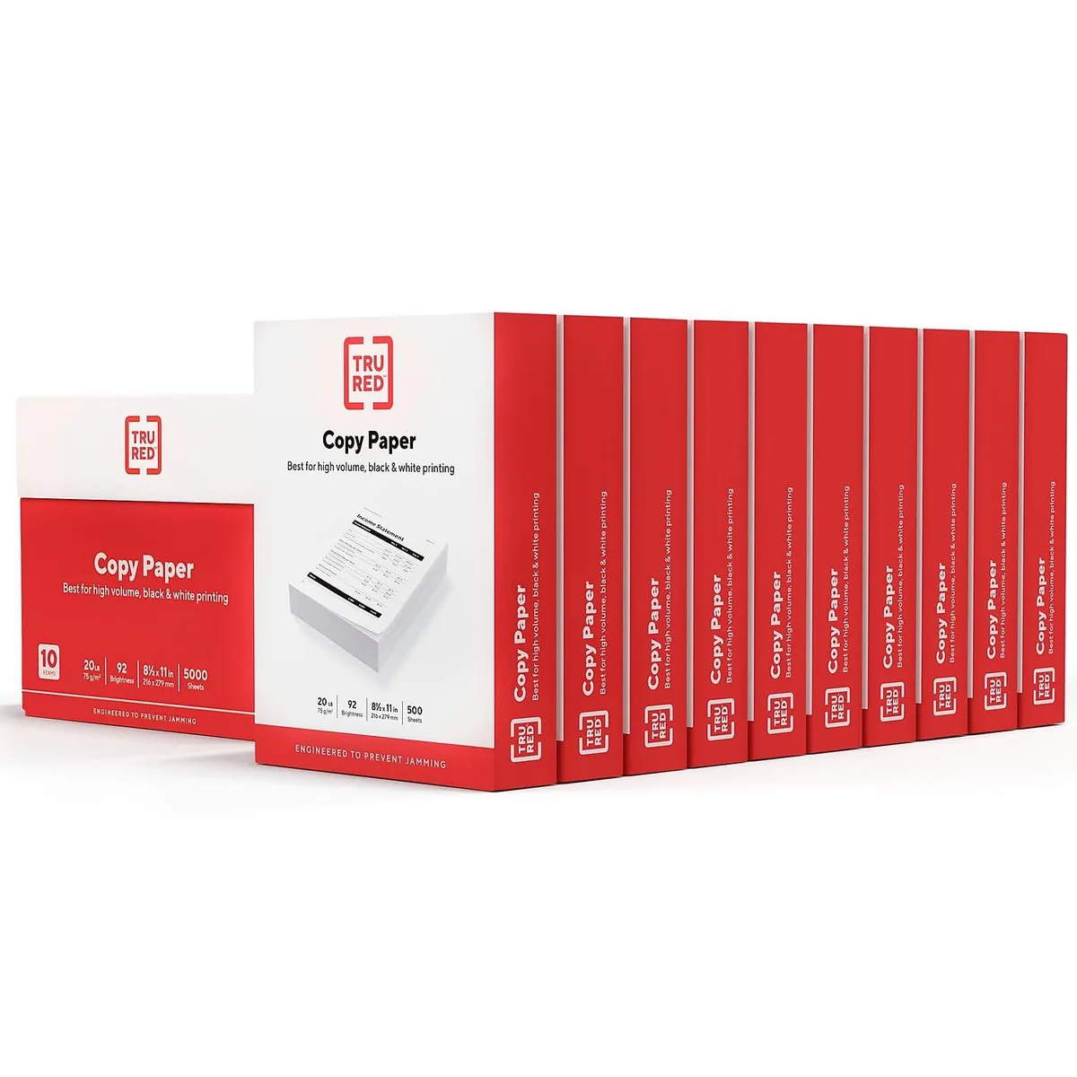 White rectangular carton holding ten reams of smooth letter-size paper