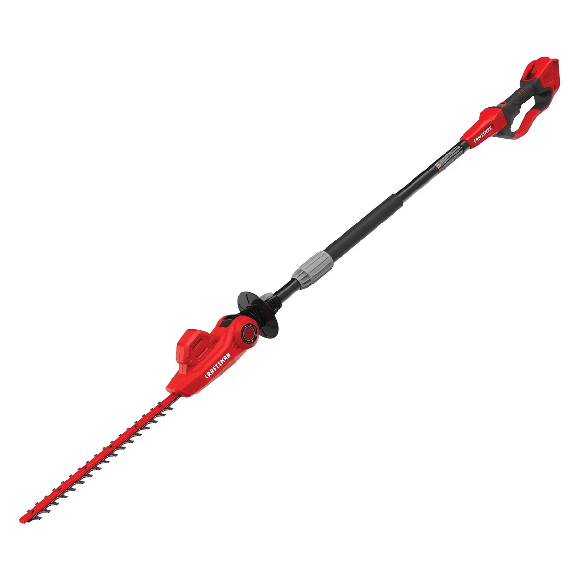Red Craftsman pole hedge trimmer with 18-inch dual-action blade and padded grip extension
