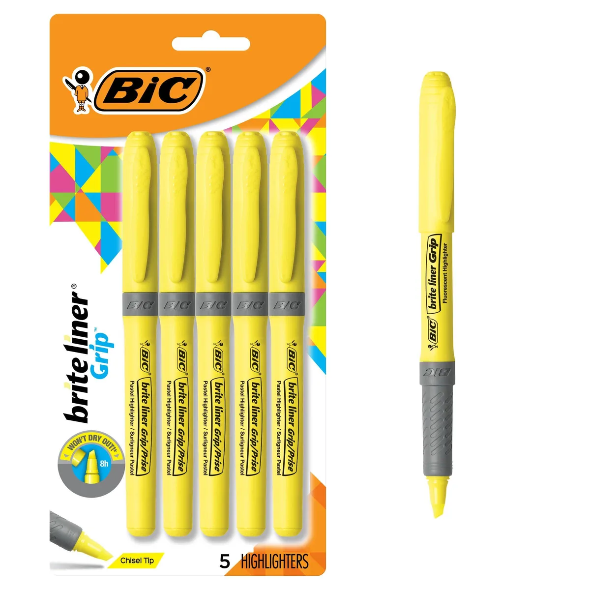 Five yellow highlighters with ribbed grips and chisel tips in a clear pack