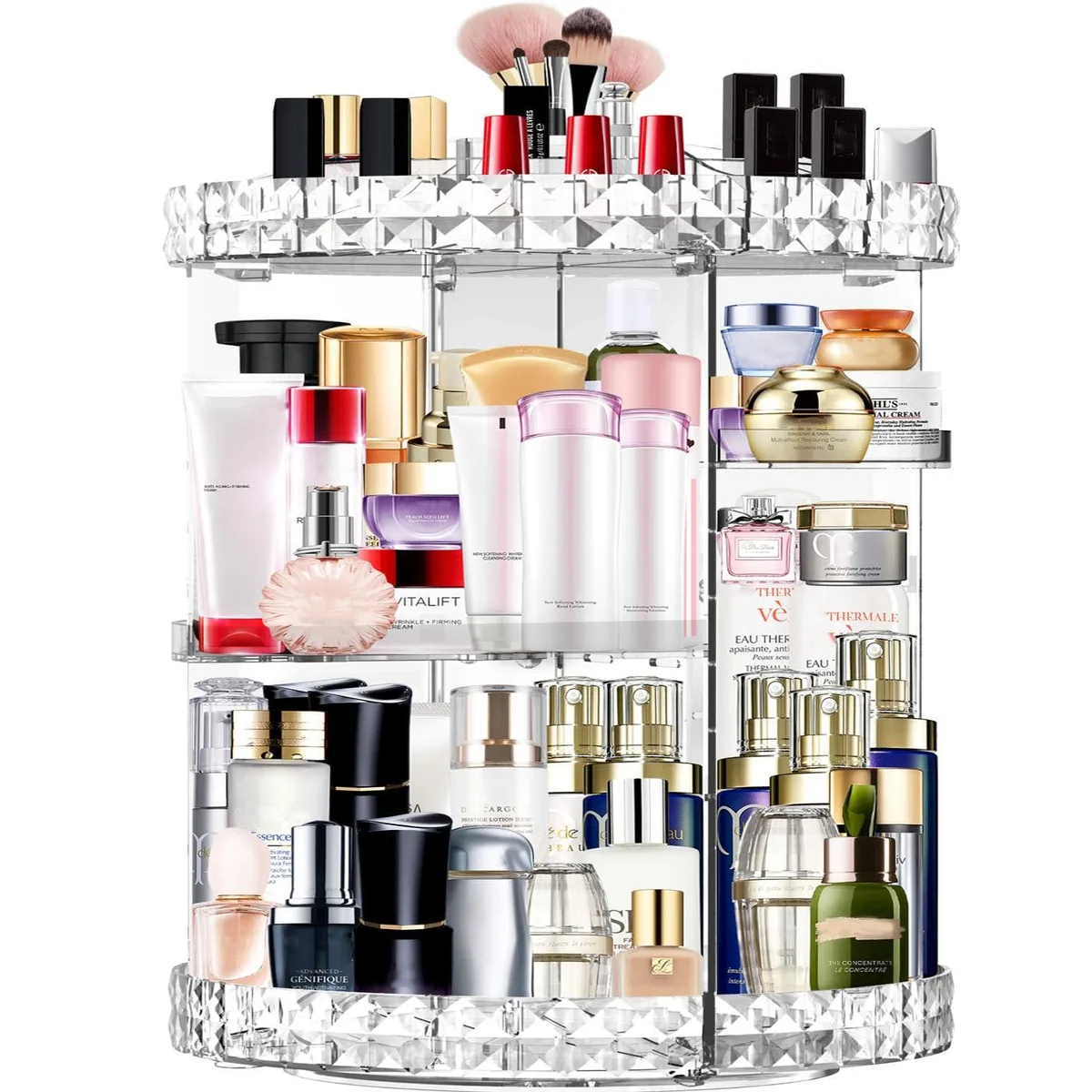 Clear acrylic rotating makeup organizer with seven adjustable tiers on a stable base