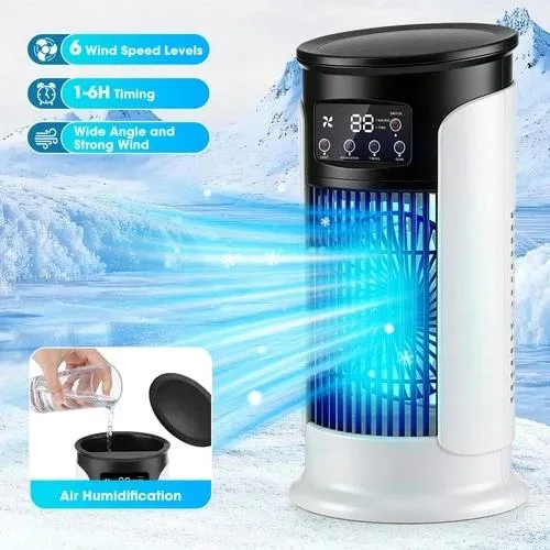 White portable desk fan with carry handle and LED light ring