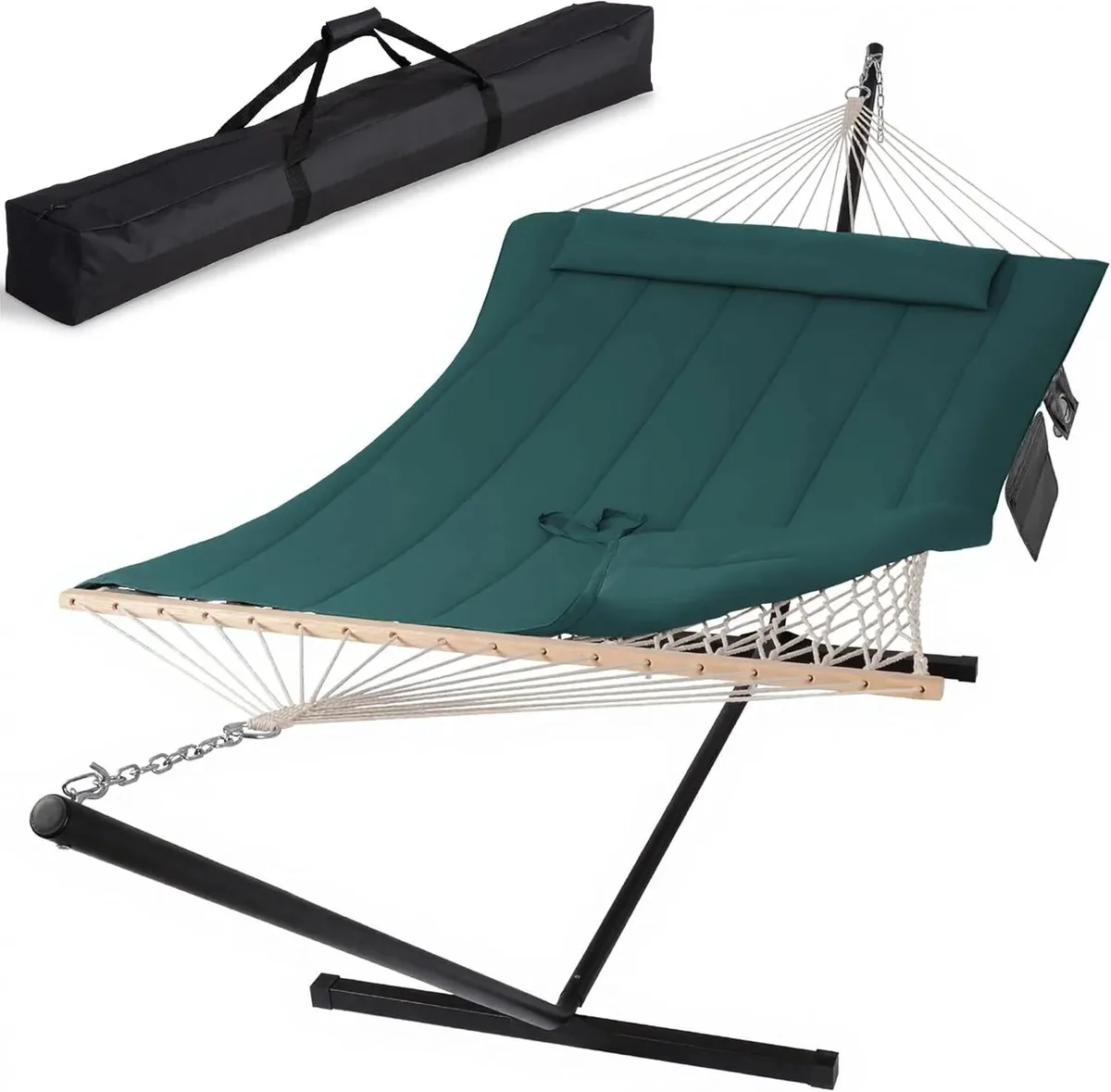 Dark green two-person rope hammock on a 12 ft wooden stand with quilted pad and pillow