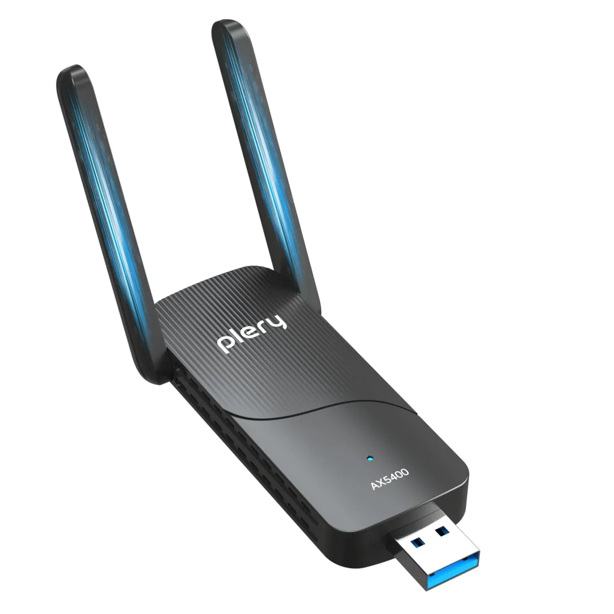 Blue USB WiFi 6E adapter with two adjustable antennas
