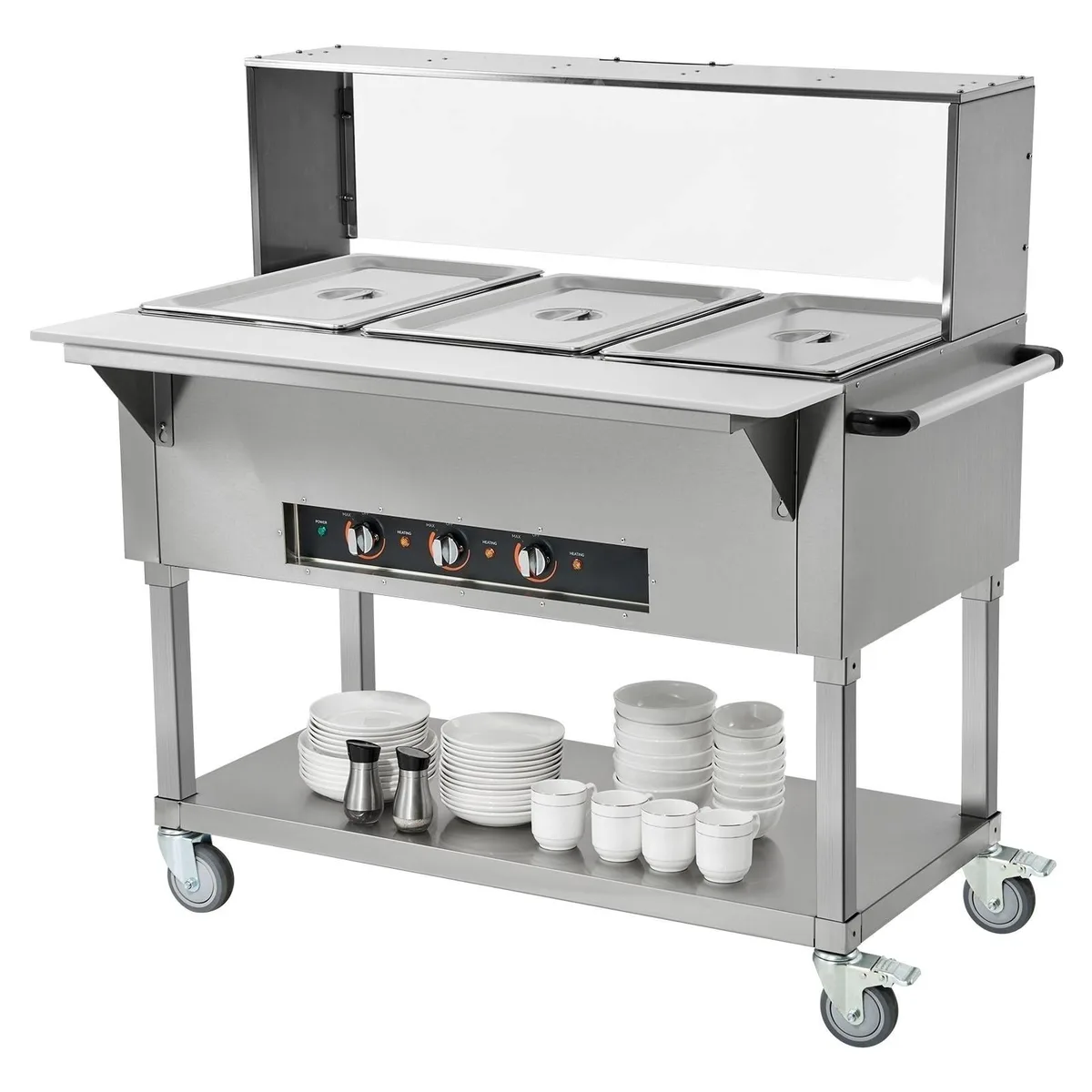 Rectangular stainless steel buffet server with three deep pans, clear acrylic sneeze guard, side handle and four casters