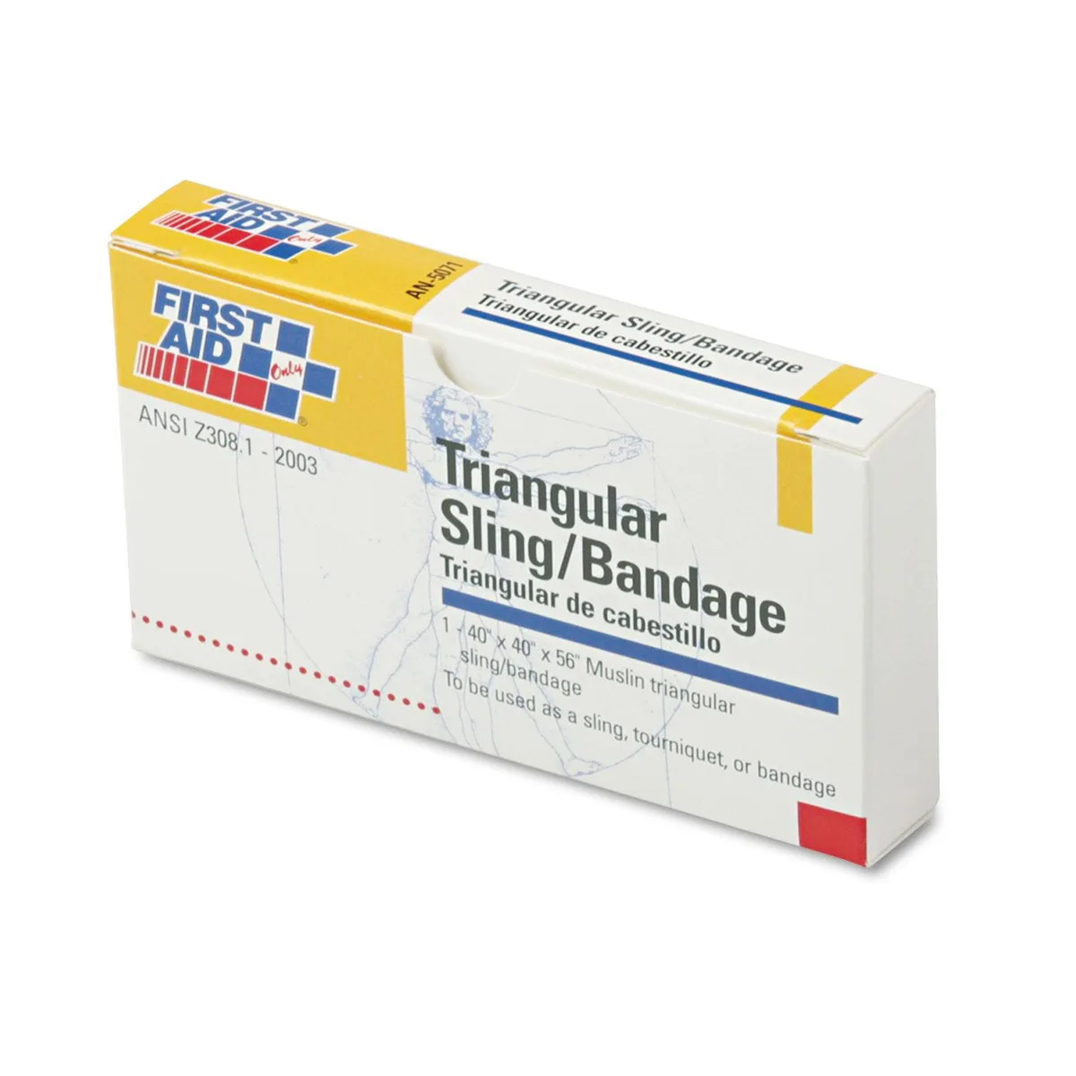 Ten white muslin triangular bandages folded in a stack