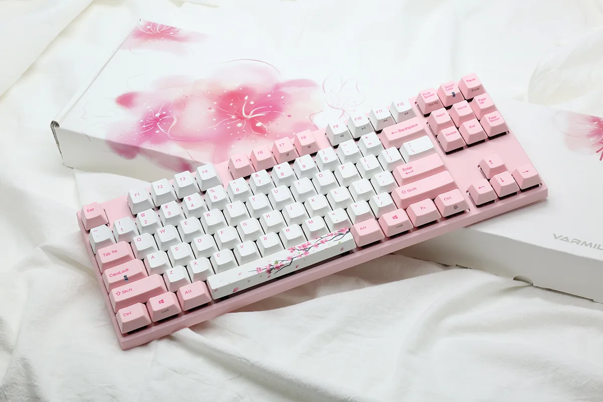 Varmilo Varmilo VA87M Sakura TKL Gaming Keyboard Cherry MX Blue 87 Keys Pink White — product photo