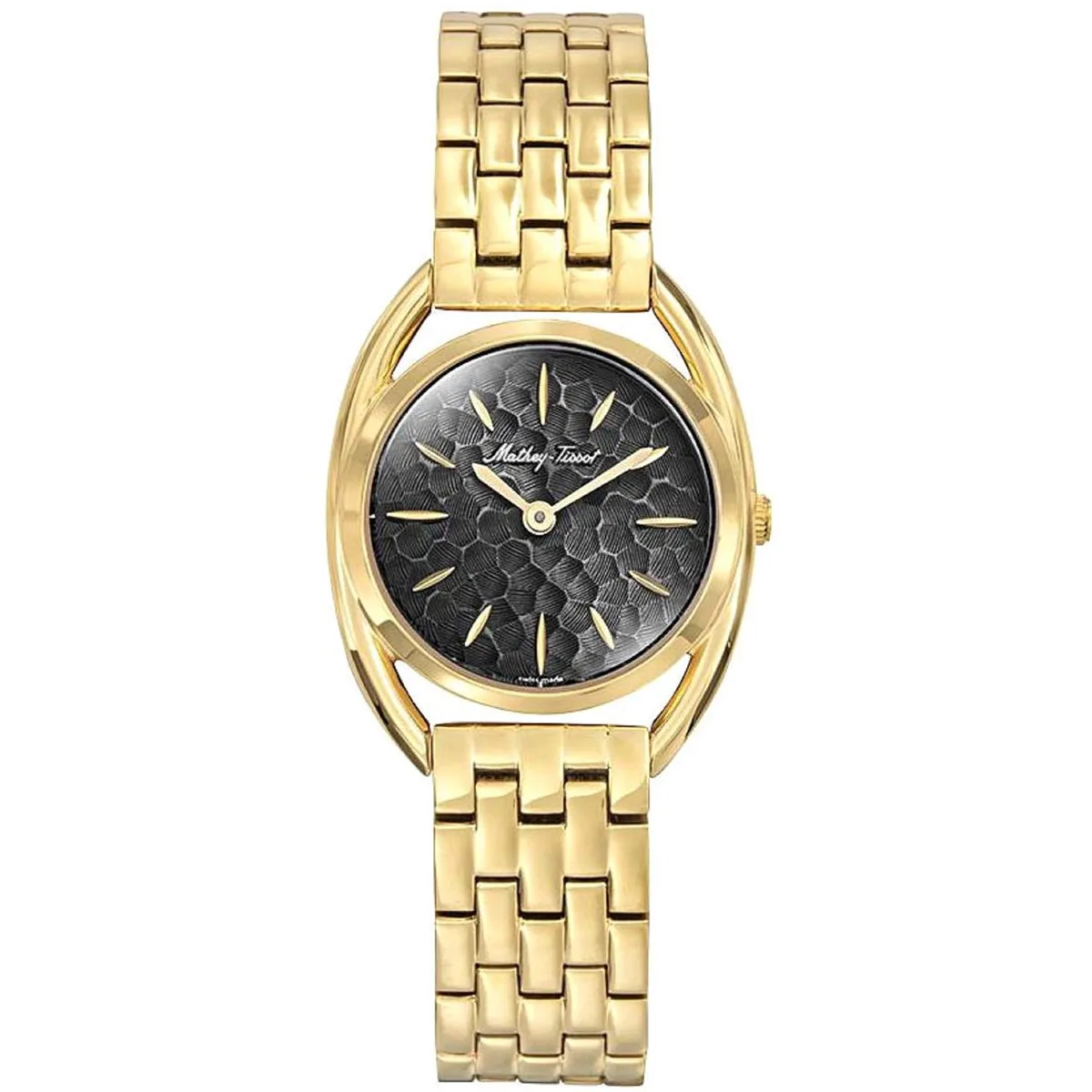 Stainless steel watch with black dial and metal bracelet